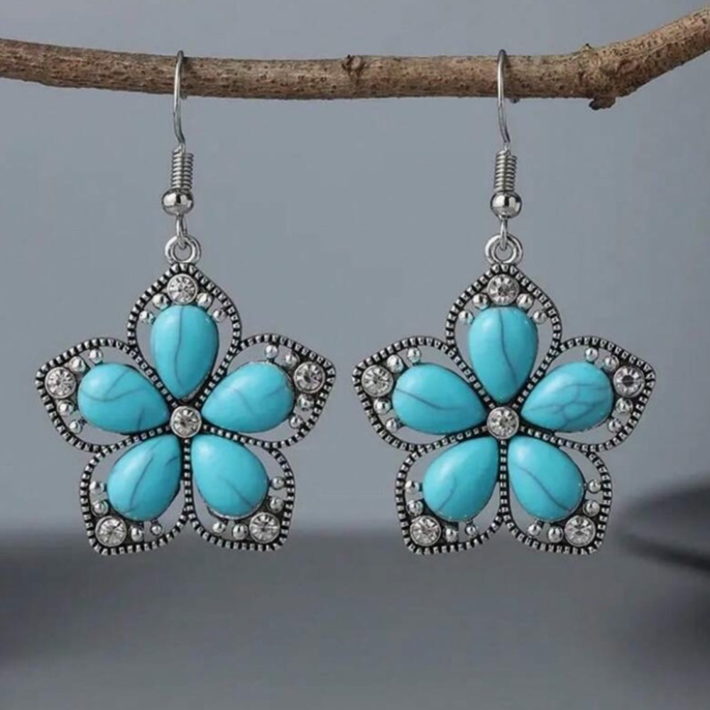 Silver Turquoise w/Mini Crystals Flower Drop Earrings - Picture 2 of 5